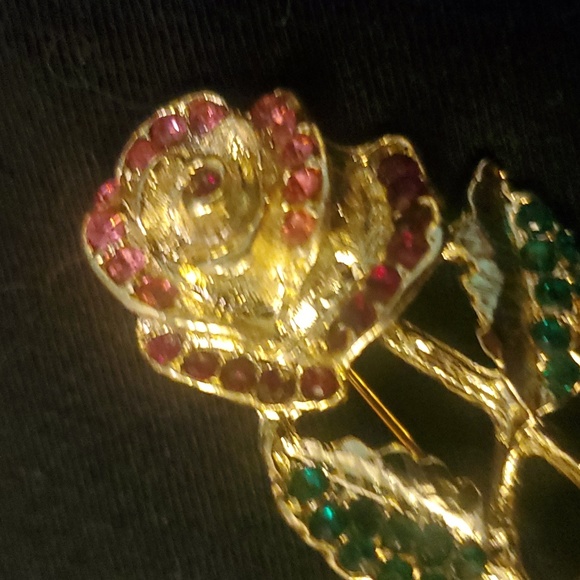 EUC Gold Rose Brooch/Pin with Pink, Red and Green Stones - Picture 2 of 6